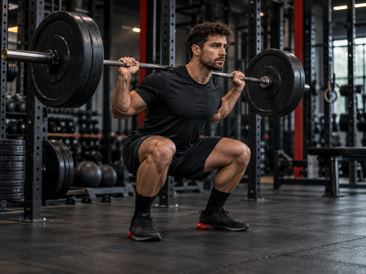 Sentadilla con barra en un gimnasio de fuerza
