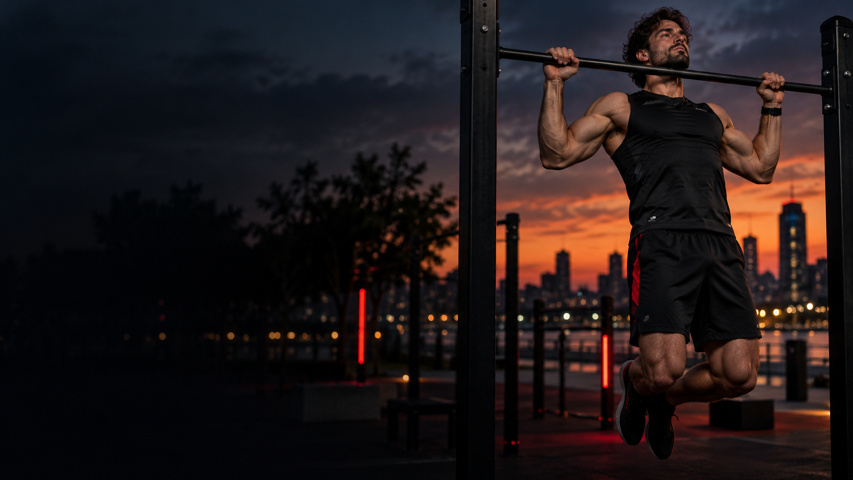 Atleta haciendo dominadas en un parque al atardecer